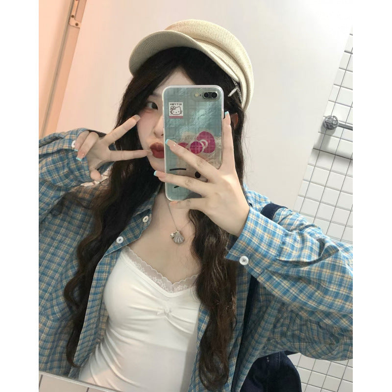 Blue Plaid Long Sleeve Loose Fit Shirt Jacket for Women