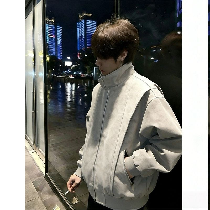 Matte PU Leather Aviator Jacket for Men Tie-Dye