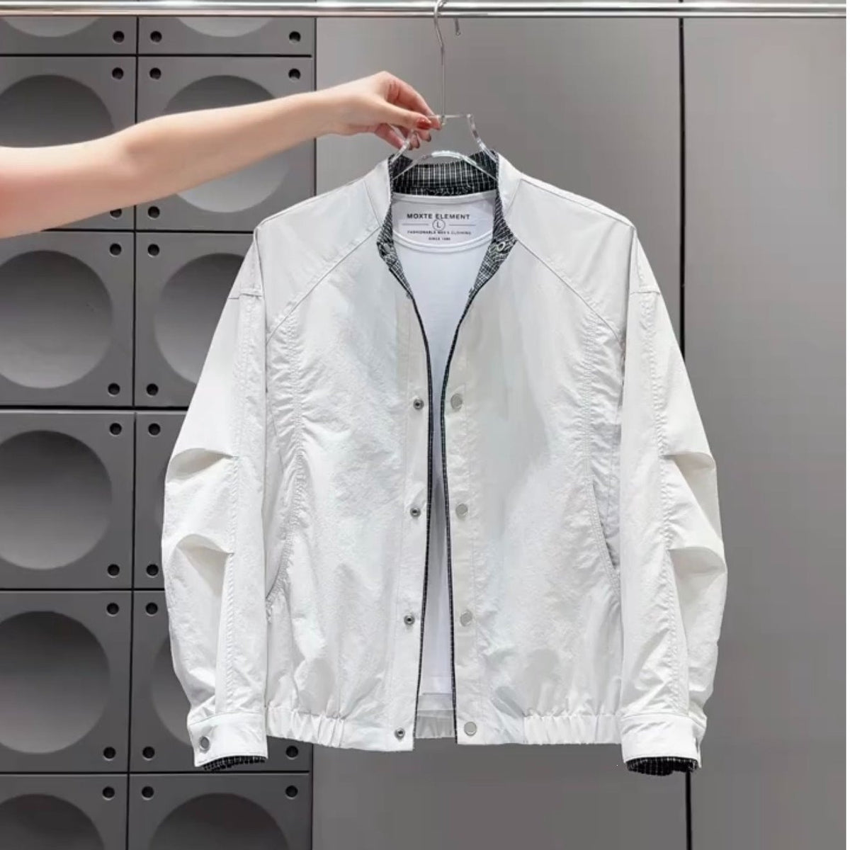 Men's Casual Plaid Stand Collar Jacket Loose Patchwork Coat