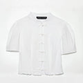 Knot buckle pleated short sleeved stand up collar shirt for women