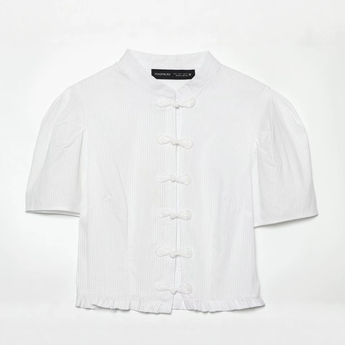 Knot buckle pleated short sleeved stand up collar shirt for women