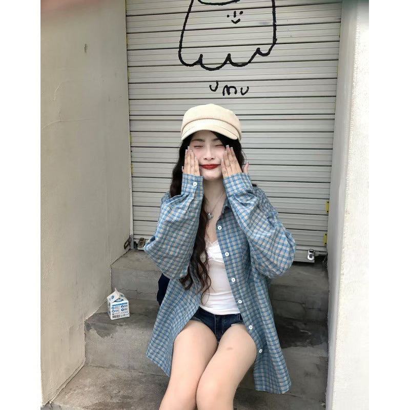 Blue Plaid Long Sleeve Loose Fit Shirt Jacket for Women